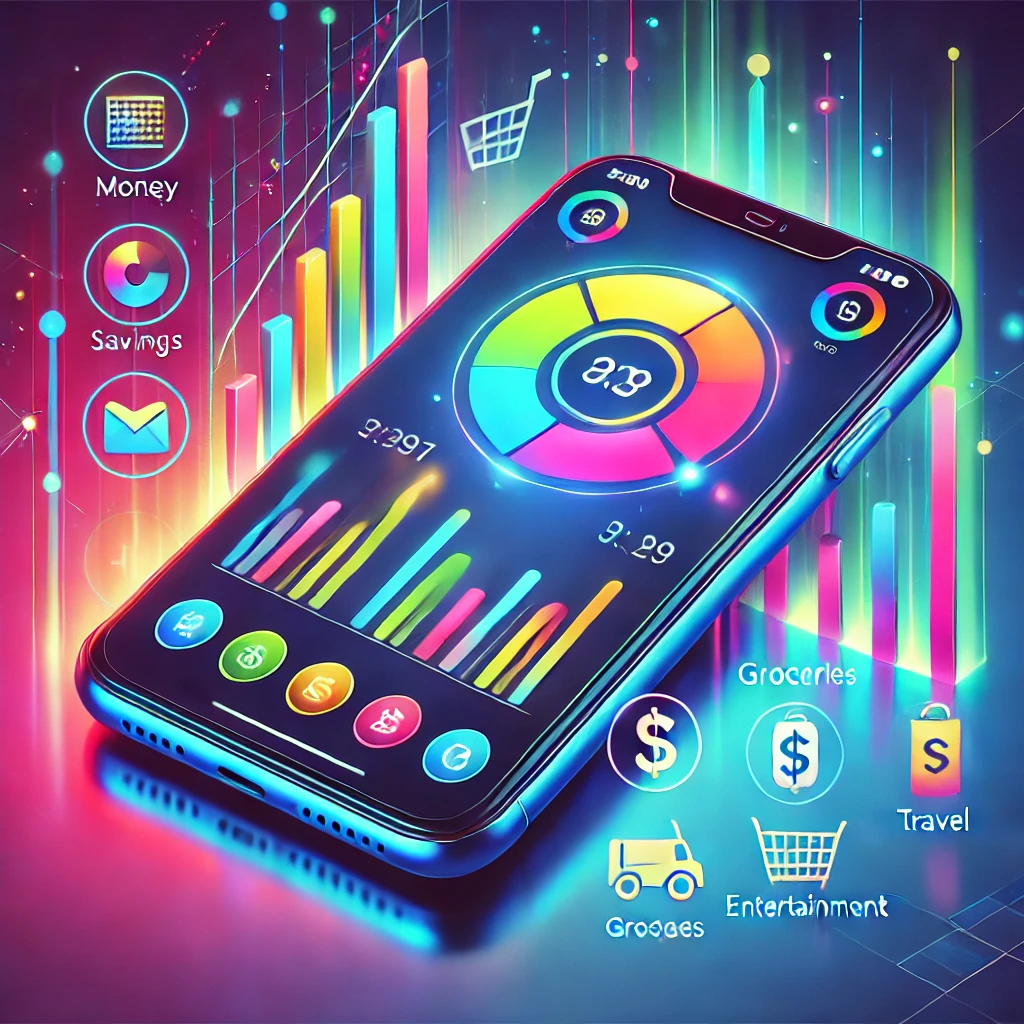 DALL·E 2025 01 01 16.55.57   A Vibrant And Ultra Modern Illustration Of A Smartphone Displaying A Beautifully Designed Budget And Expense Tracker App. The App Screen Features Colo