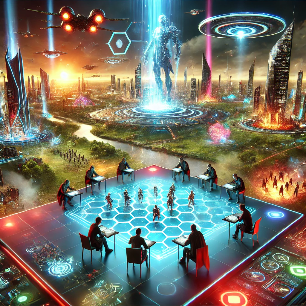 DALL·E 2025 01 03 20.52.35   A Futuristic And Vibrant Cityscape Set On A Floating Island, Featuring Neon Lit Skyscrapers And Holographic Battle Maps. In The Foreground, A Diverse