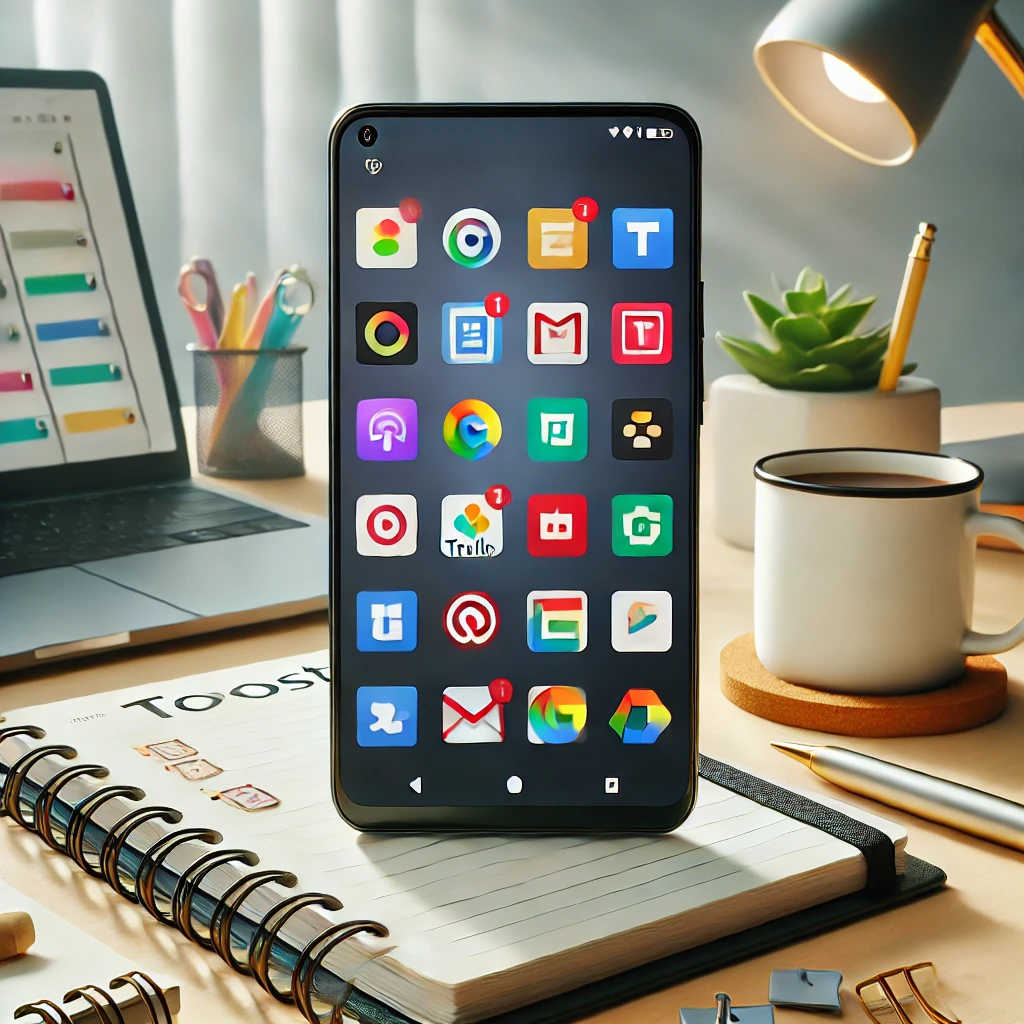 Modern Android Smartphone Displaying A Variety Of Productivity App Icons, Including Todoist, Trello, Google Keep, And Microsoft OneNote, On Its Home